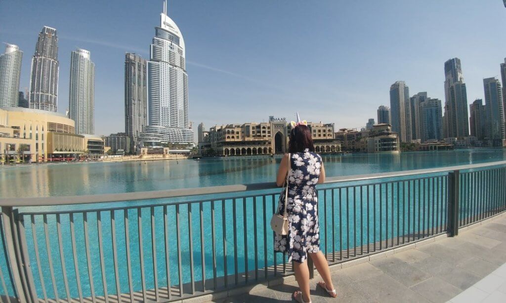 Me in front of Dubai Fountain, attractions in Dubai, UAE, unicorn, Is Dubai Worth Visiting