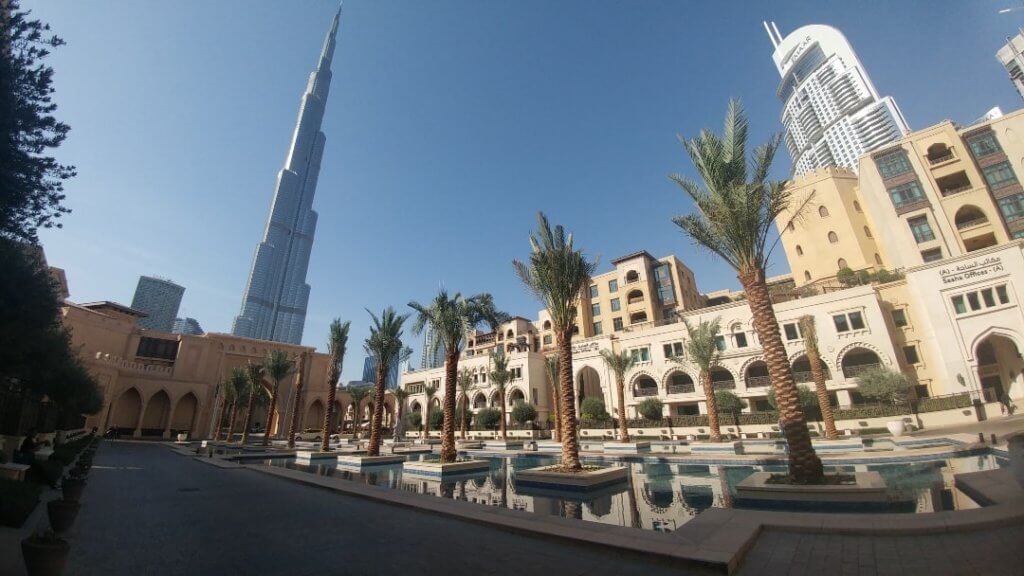 Burj Khalifa, palm trees, Dubai landmarks
