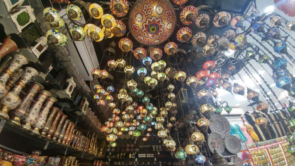 Dubai souks, lights, lamps hanging, Old Dubai
