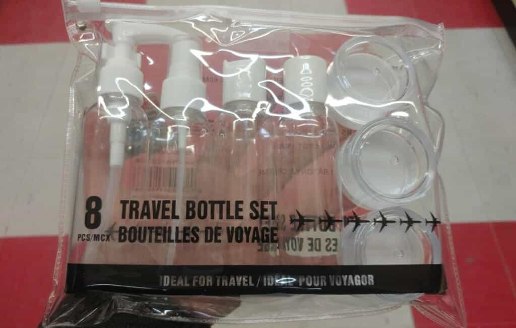 empty toiletries bottles, travel bottle set, Dollarama travel bottles