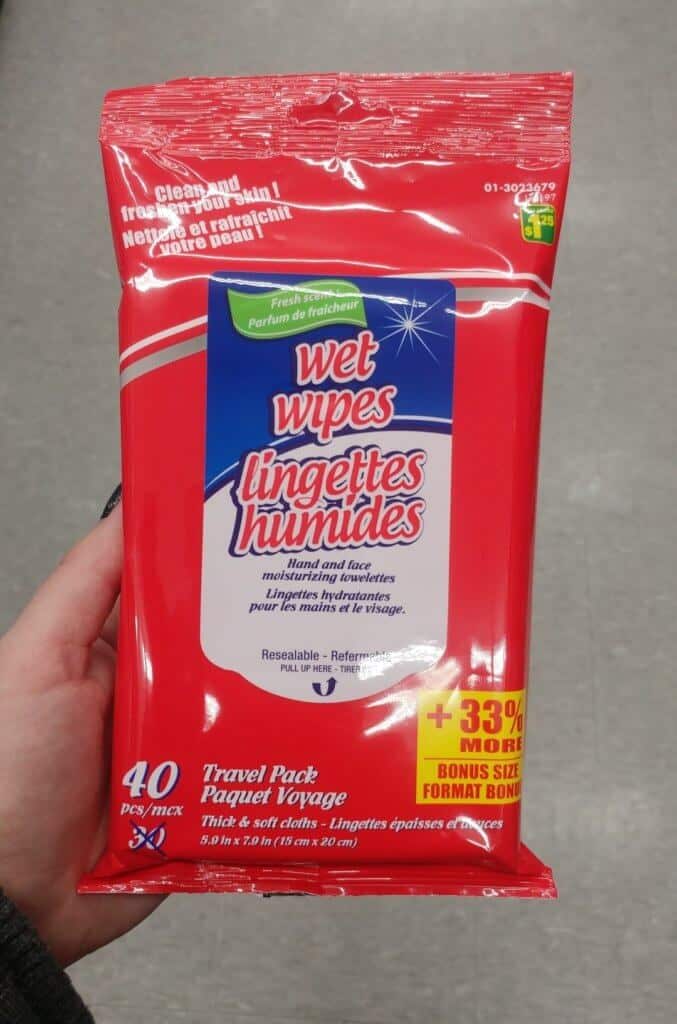wet wipes is a carry-on essential, travel essentials to buy at the Dollar Store