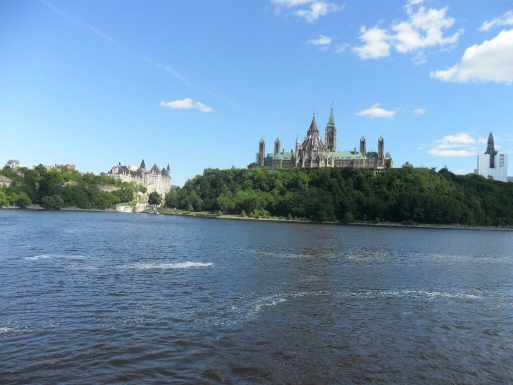Ottawa River, Parliament Hill, river cruise, View of Parliament Hill (to the right), Château Laurier hotel (to the left)  from the cruise boat