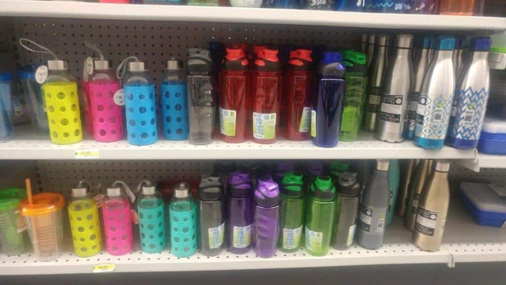 Reusable water bottles are some of the travel essentials to buy at the Dollar Store, Dollarama water bottles