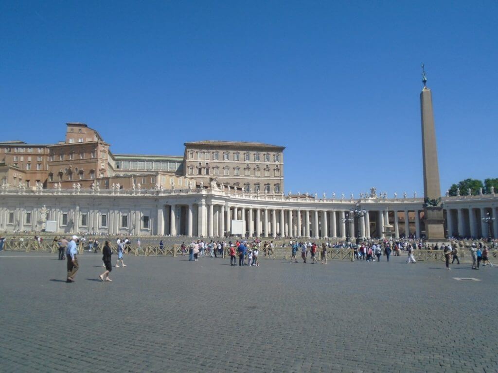 View of the Apostolic Palace - where the pop lives, the obelisk and the columns, St. Peter's Square, Vatican