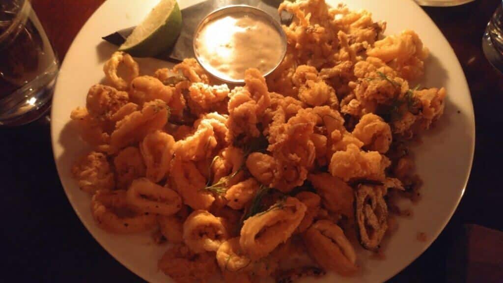 A plate of calamari at Shelter Restaurant, weekend in Tofino