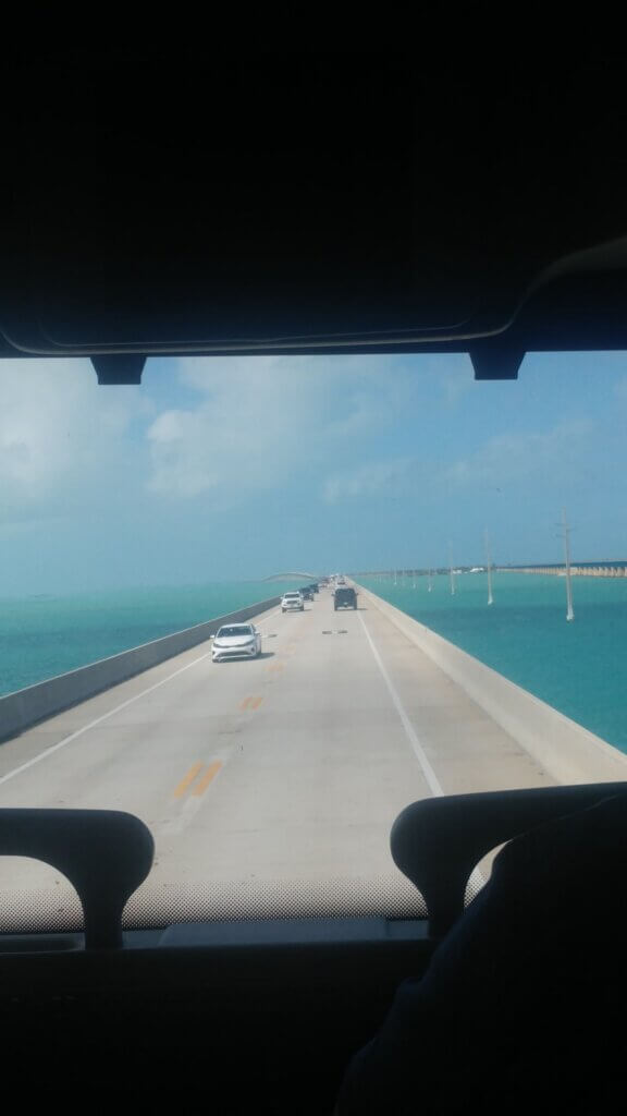 A look of the Overseas Highway from the bus's front window, Florida Keys 