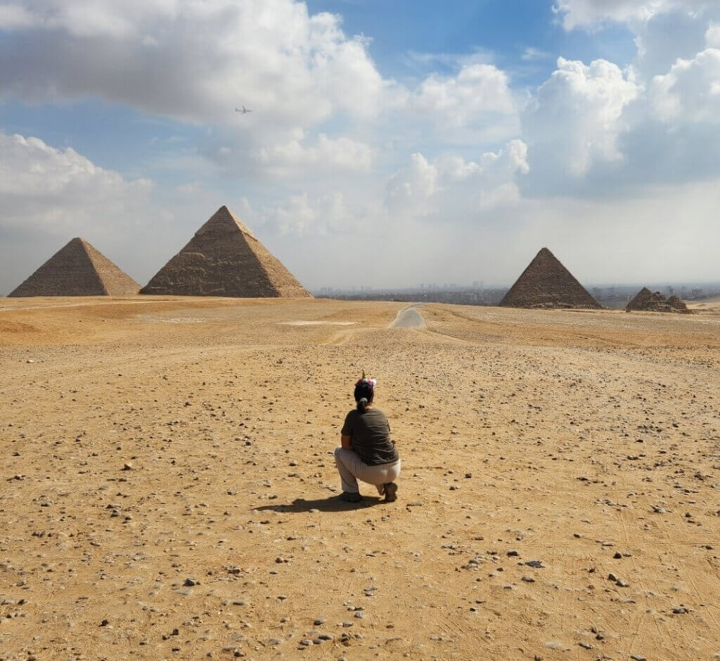 In front of the Pyramids of Giza

