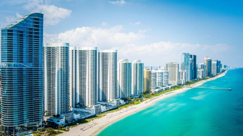 View of the South Beach beach strip and hotels, small plane tours, helicopter tours