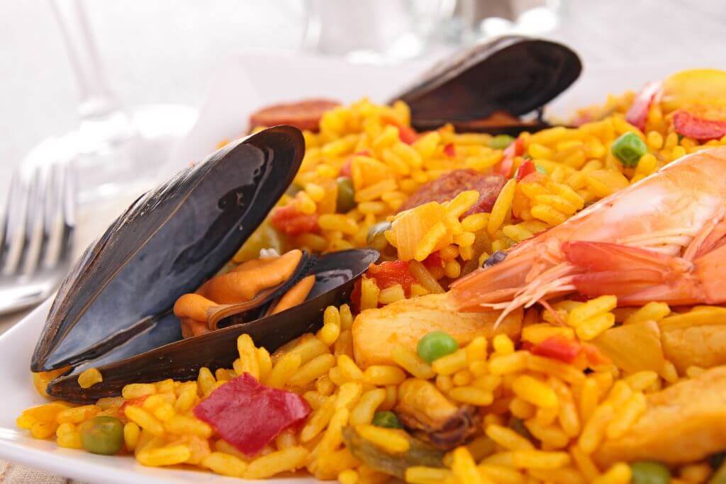 paella, seafood, rice, dish, Spanish food, seafood, Spain food and drinks