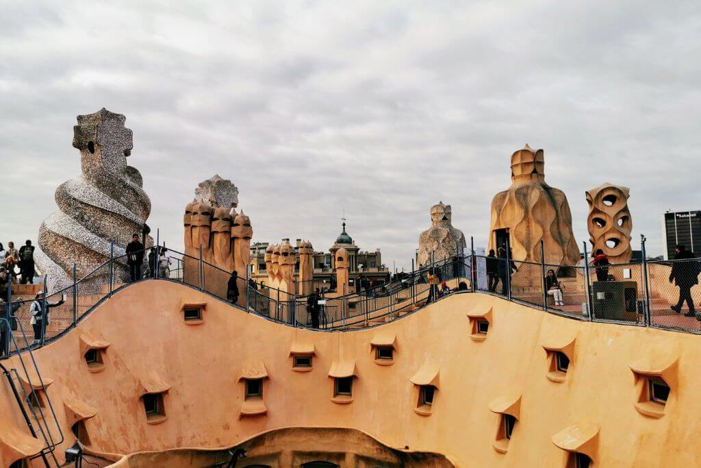 A different angle of the chimneys and vents of La Pedrera, design, Barcelona must see, Casa Mila Barcelona, Spain