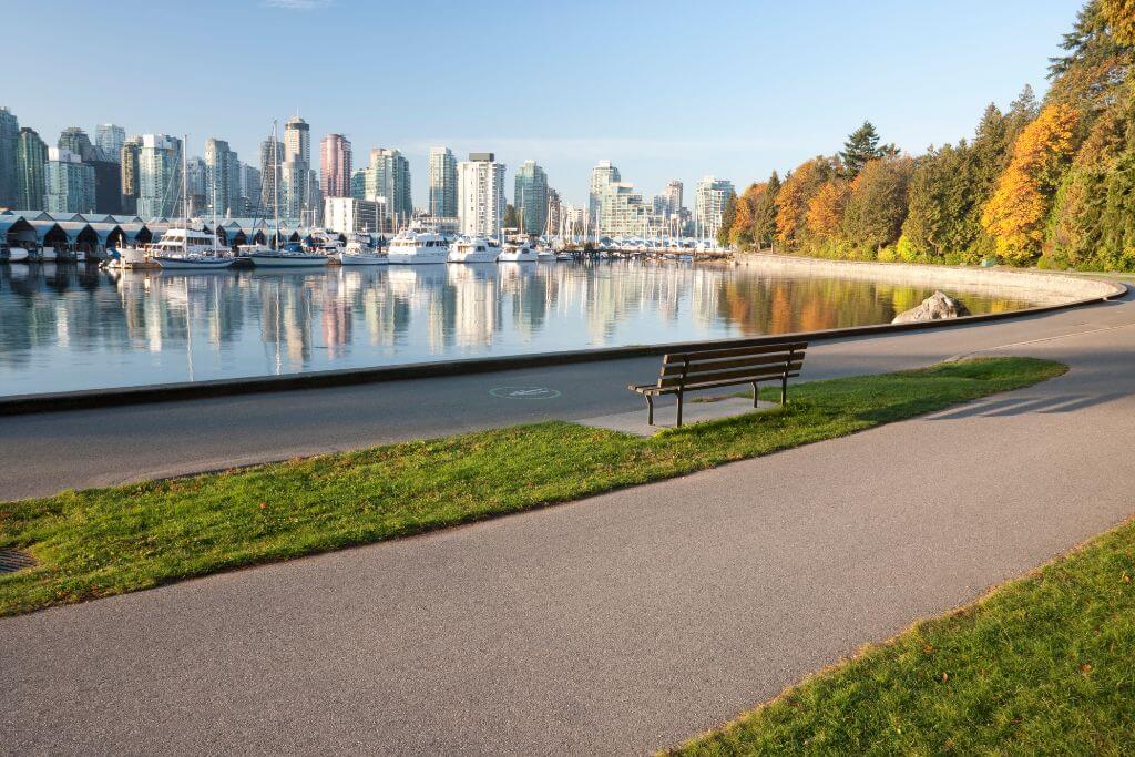 View towards Vancouver City, bench, city, boats