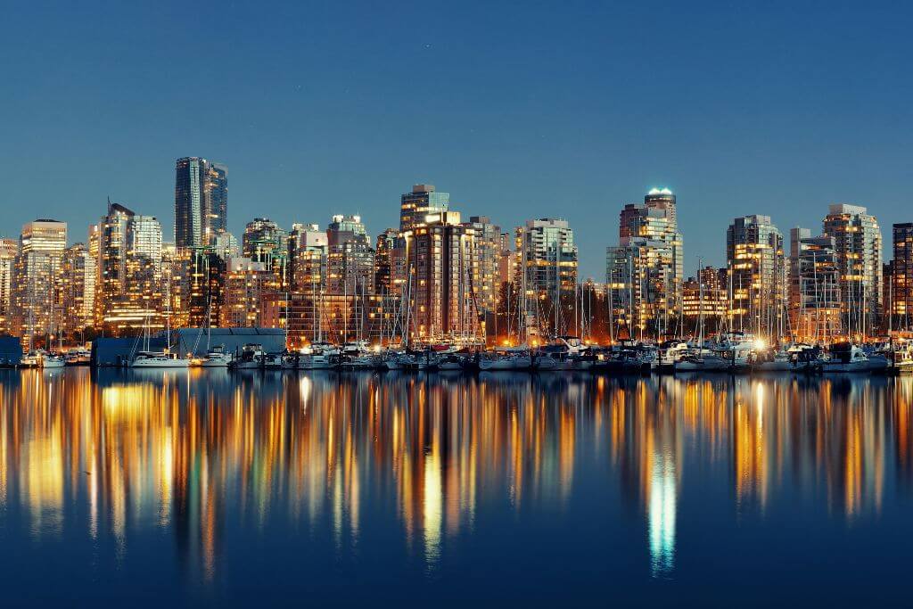 Vancouver skyline in the evening, night view, skyscrapers 