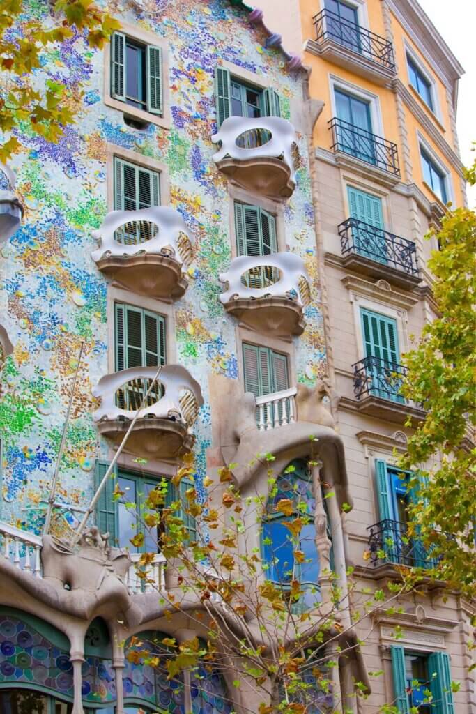 The facade of Casa Batllo, Gaudi masterpiece, blue building, Casa Batlló in Barcelona