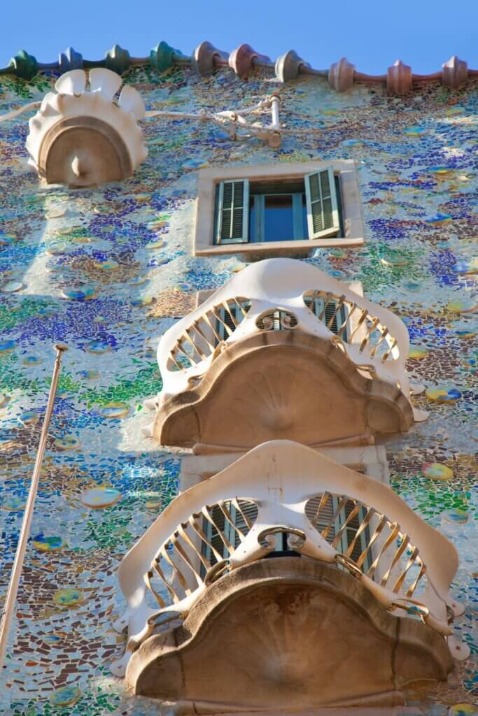Close-up of the balconies of Casa Batllo, Gaudi attraction 