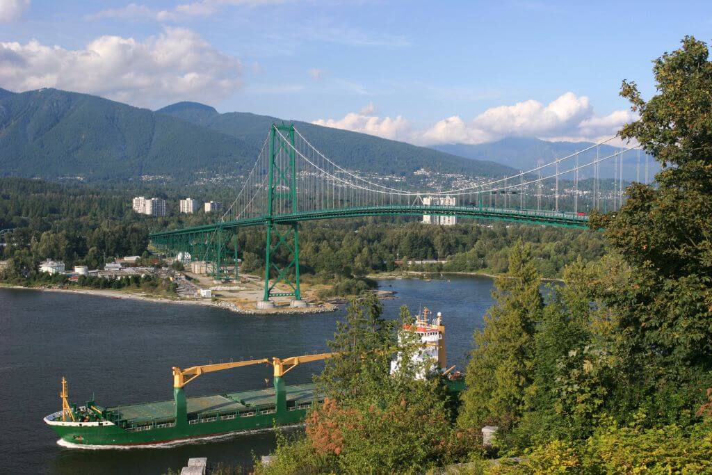 View towards Lions Gate Bridge, Vancouver, ship, boat, tanker, Prospect Point Lookout