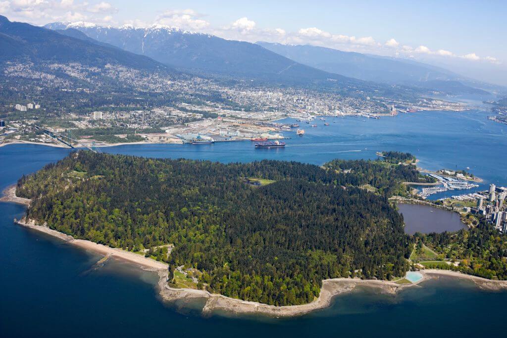 An aerial view of the beautiful park, Vancouver, biking Stanley Park 