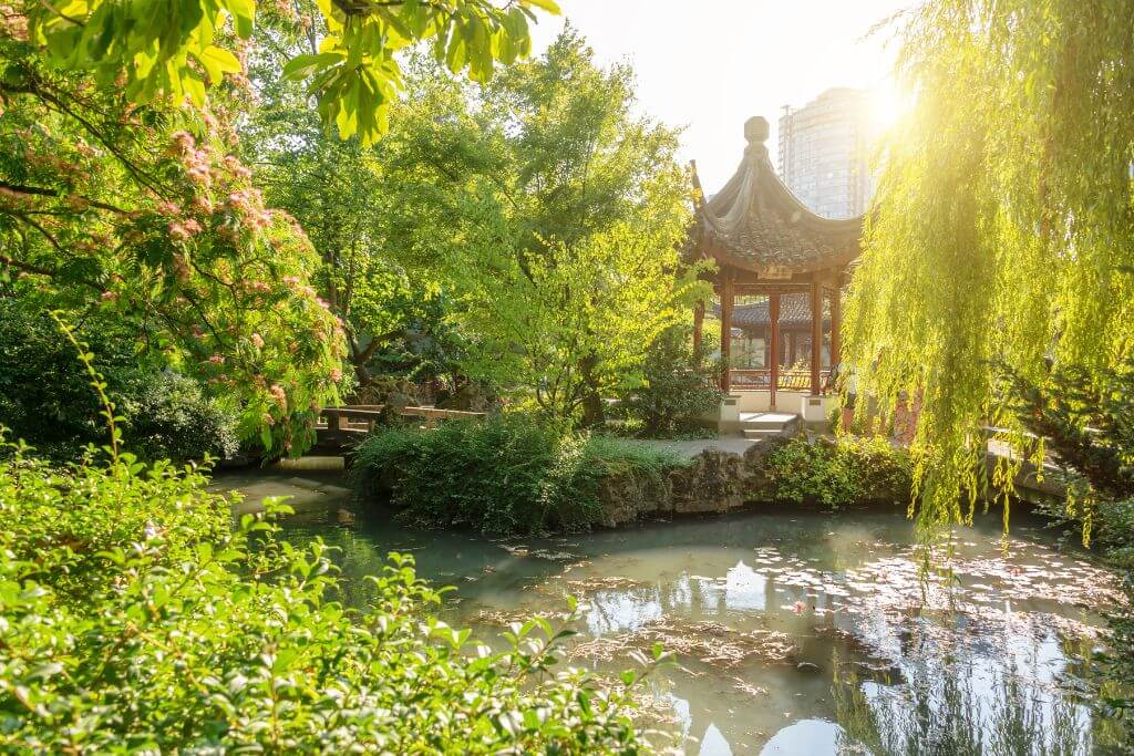 Dr. Sun Yat-Sen Classical Chinese Garden, pond, trees