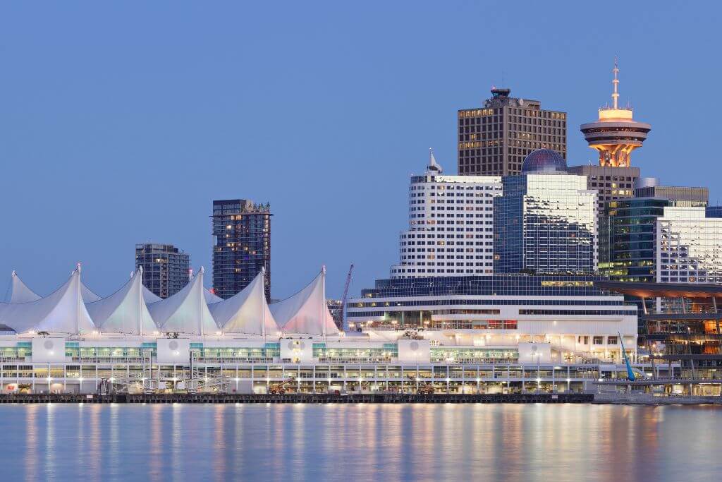 View towards Canada Place (the white tent looking building) and the Vancouver Lookout from the marina