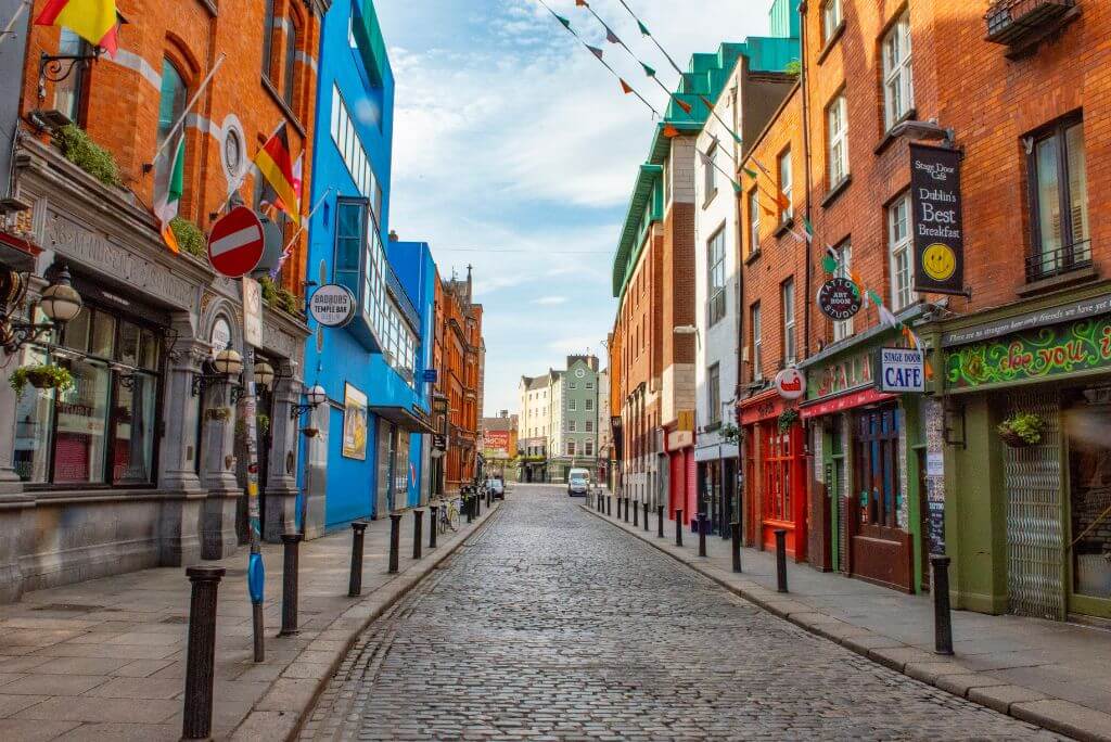 Cute street in Dublin, Ireland, colorful houses