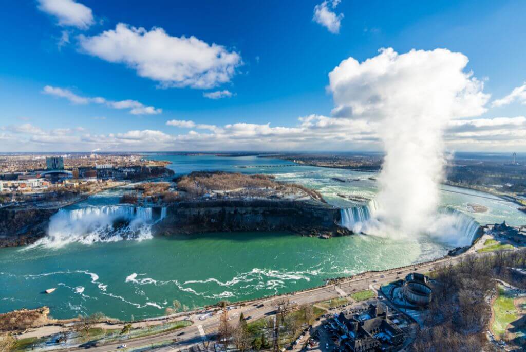The America Falls to the left and the Canadian Horseshoe Fall to the right