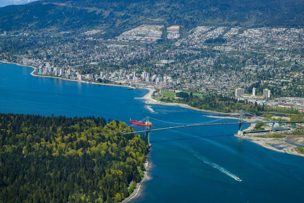 View towards Stanley Park on the left, Lions Gate Bridge, and North Vancouver