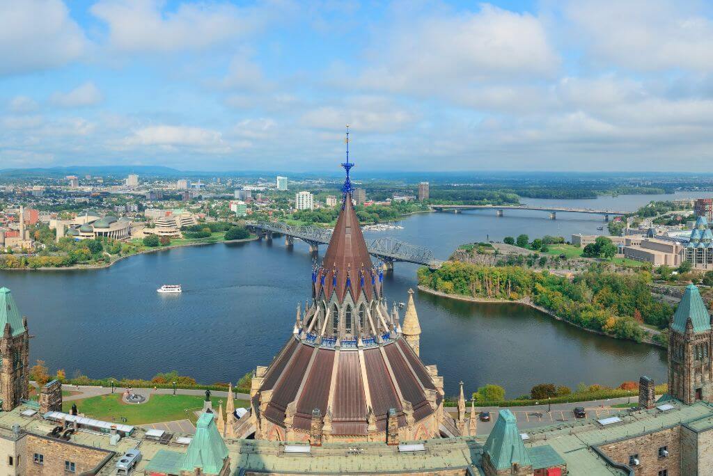View from the clock tower of the Parliament Building towards the Ottawa River, Canada, river