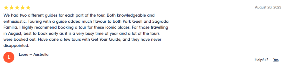 Review on the Get Your Guide website, Gaudi Tours in Barcelona