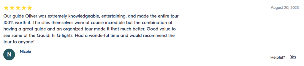 Review on the Get Your Guide website, Gaudi Barcelona Tours, Gaudi Tours in Barcelona