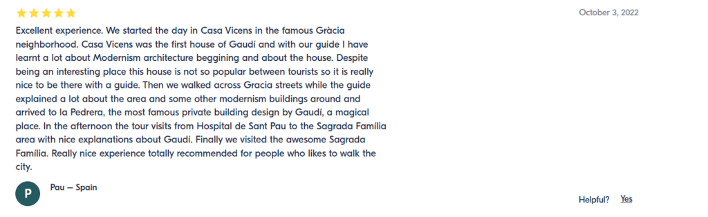 Review on the Get Your Guide website, Best Gaudi Tours Barcelona