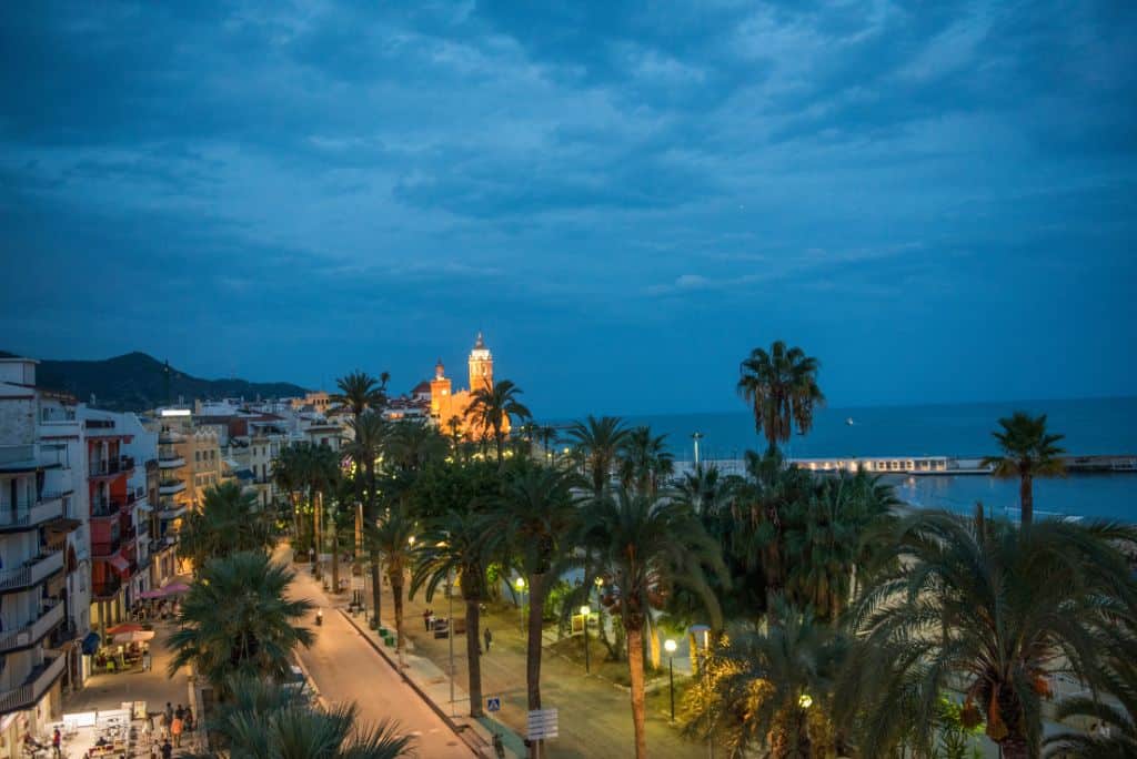 A night view of the coastal town of Sitges which hosts the popular Sitges Film Festival, Barcelona events in October