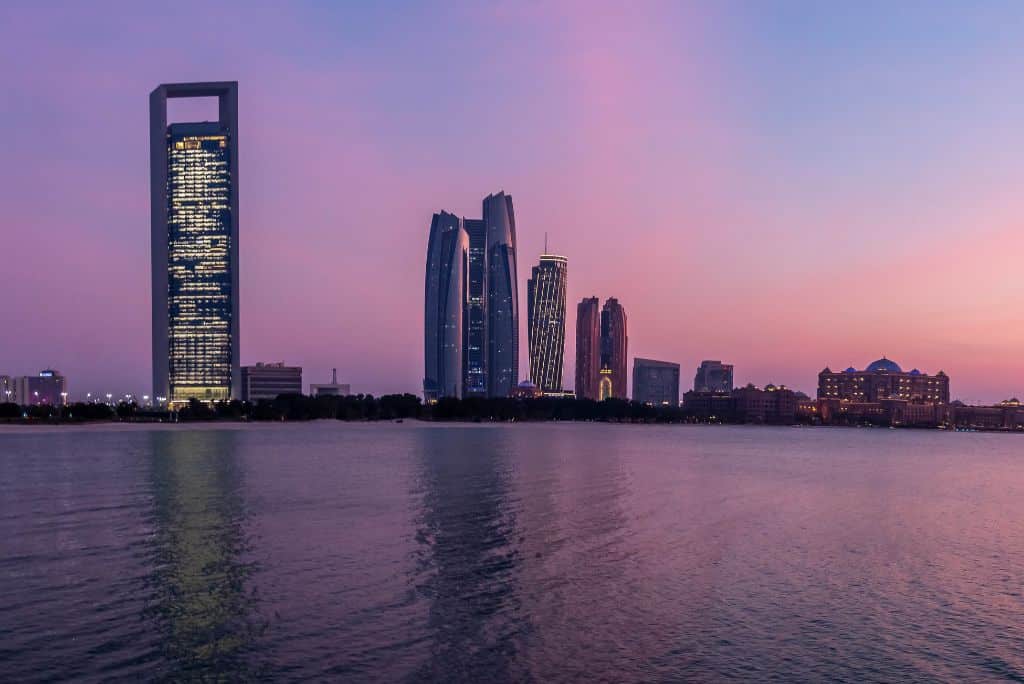 Evening view of Abu Dhabi, Etihad Towers