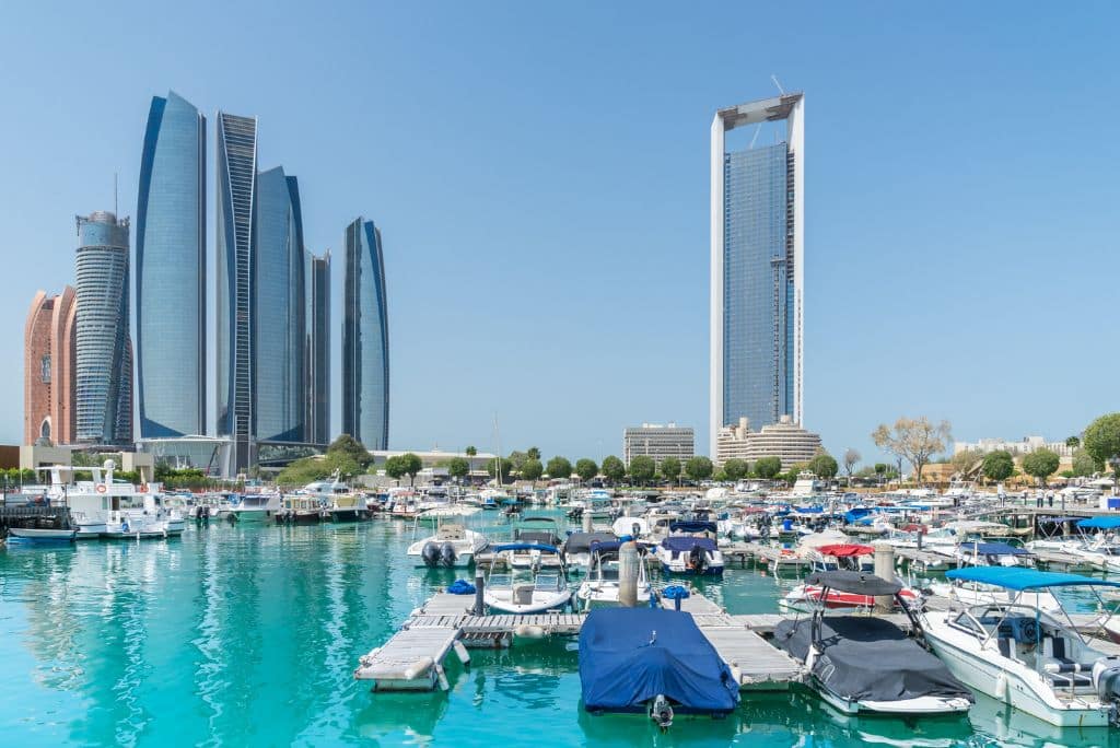 The Etihad Towers and part of the marina, boats, buildings