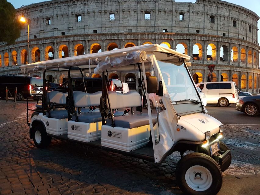 Golf cart tour of Rome at night, Rome landmarks, Colosseum, gold cart