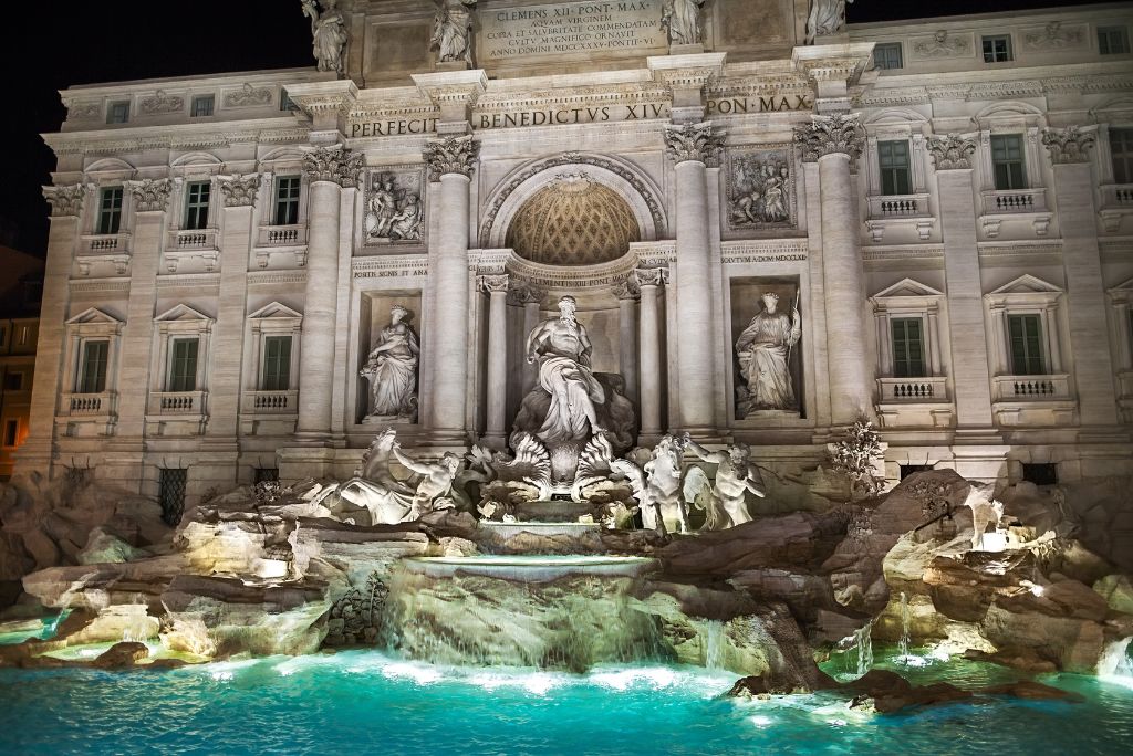The Trevi Fountain at night, Rome attractions, Italy landmarks