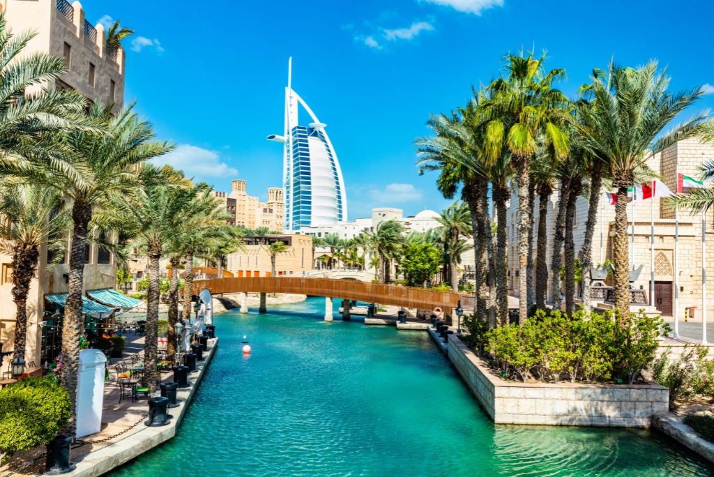 View towards Burj Al Arab from Souk Madinat Jumeirah, hotels in Dubai