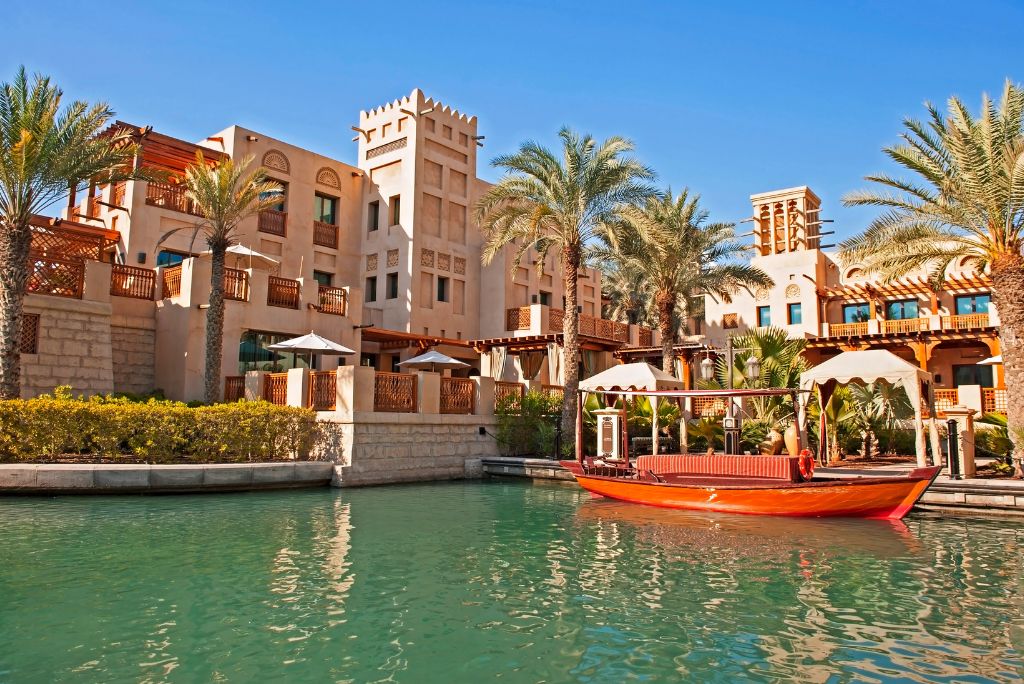 Souk Madinat Jumeirah, abra, pond, palm trees, things to do in Dubai