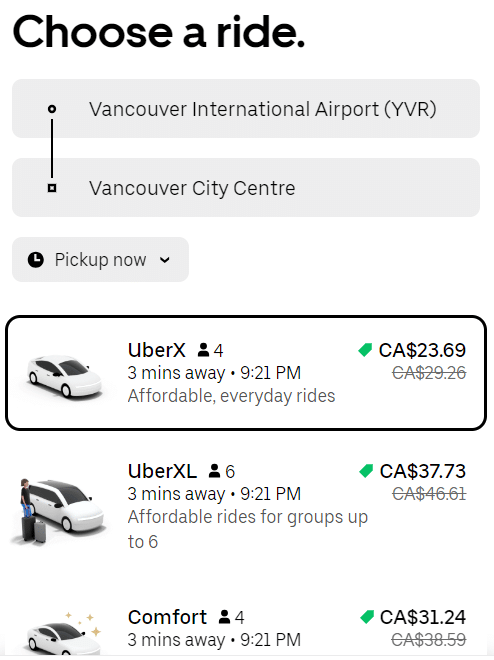 A screenshot of an Uber estimate for a ride from Vancouver International Airport to Downtown Vancouver 