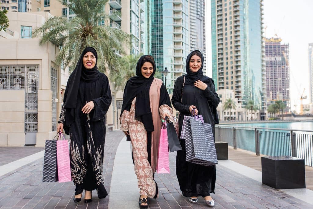 Three arab women walking outside with shopping bags, What Are People From Dubai Called?