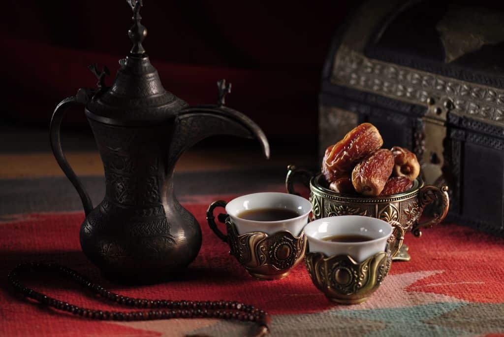 Arabic coffee, two cups, dates