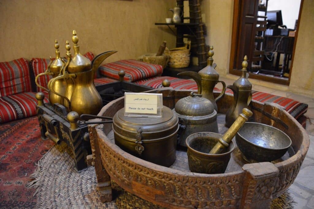 Dubai Coffee Museum inside, pots, cups