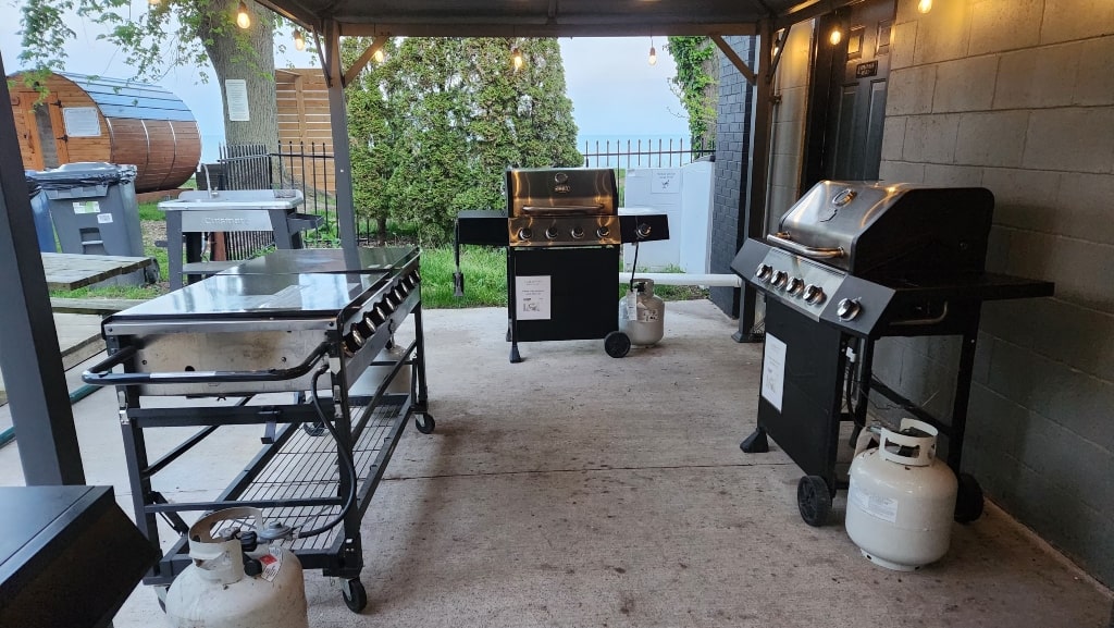The outdoor kitchen with the BBQs, grilling, cooking outside 