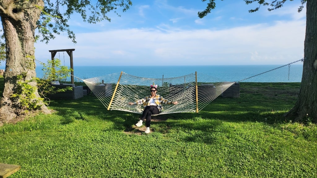 Enjoying the hammocks, lake view, Lake Erie, Lungovita Beach Resort Review