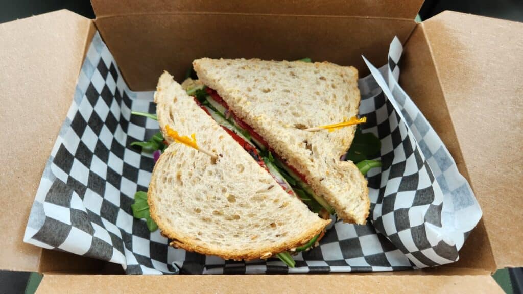 Mediterranean Veggie Sandwich at King's Street Cafe, sandwich in a box, to go container