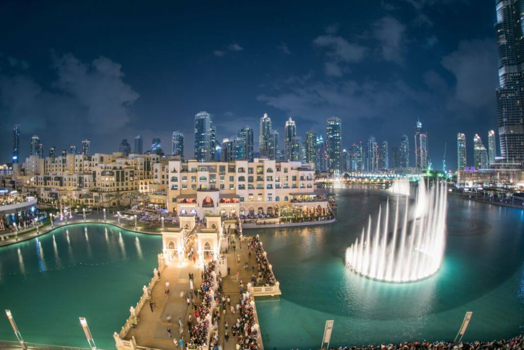 View towards Dubai Fountain from Dubai Mall, attractions in Dubai