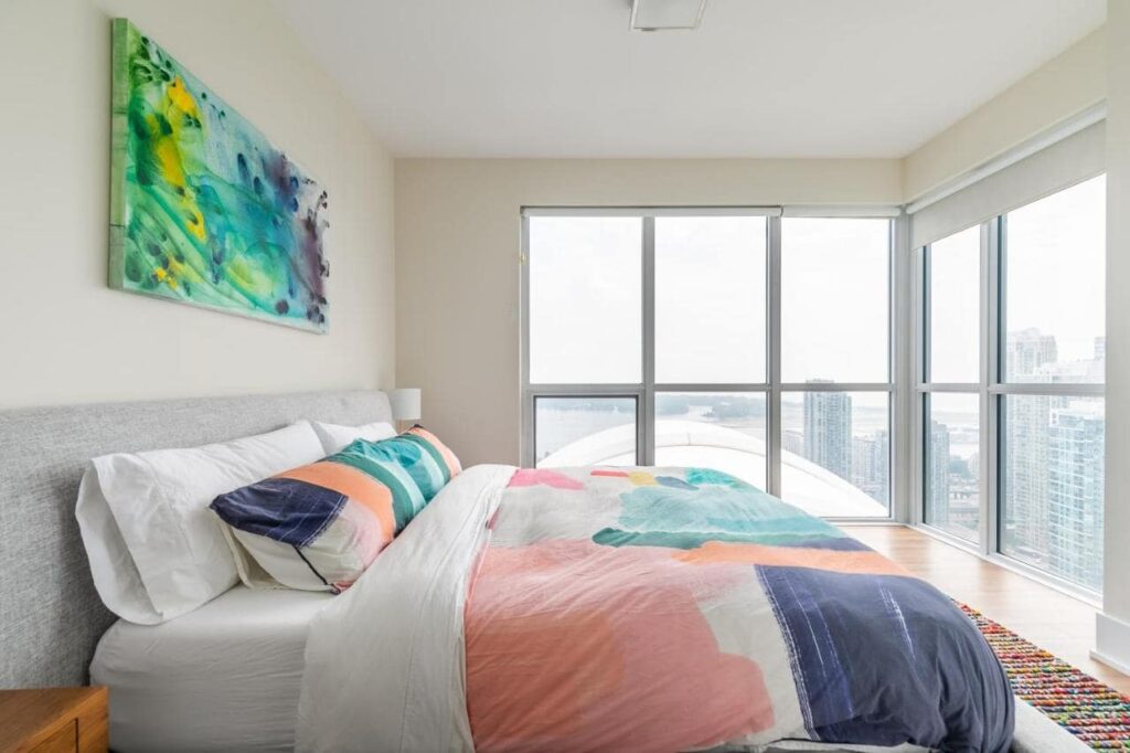 A bedroom with a view of the Rogers Center