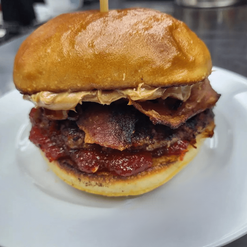 PB&J Bacon Burger, burger on a plate, food, Harrow food options