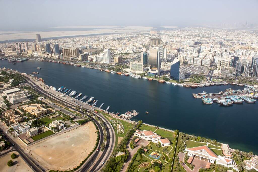 View of Dubai Creek, water, buildings