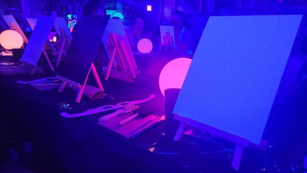 The Neon Brush: Sip & Paint Workshop in the Dark, painting, art studio