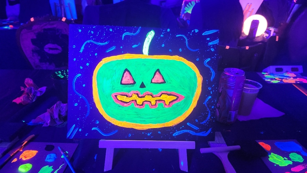 Art, canvas, neon pumpkin, art studio