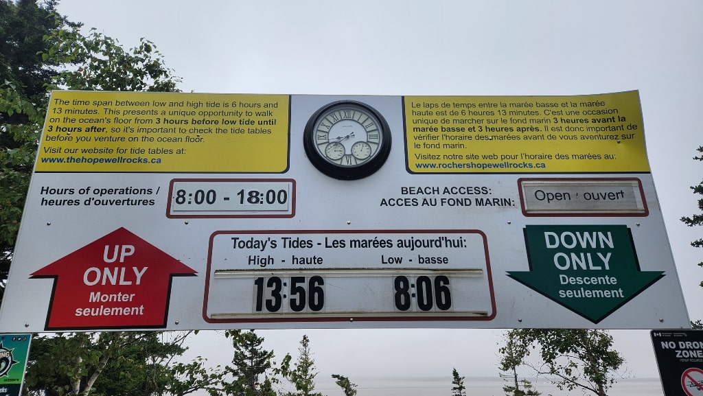 The sign above the stairs that tells you the exact time of the tide that day